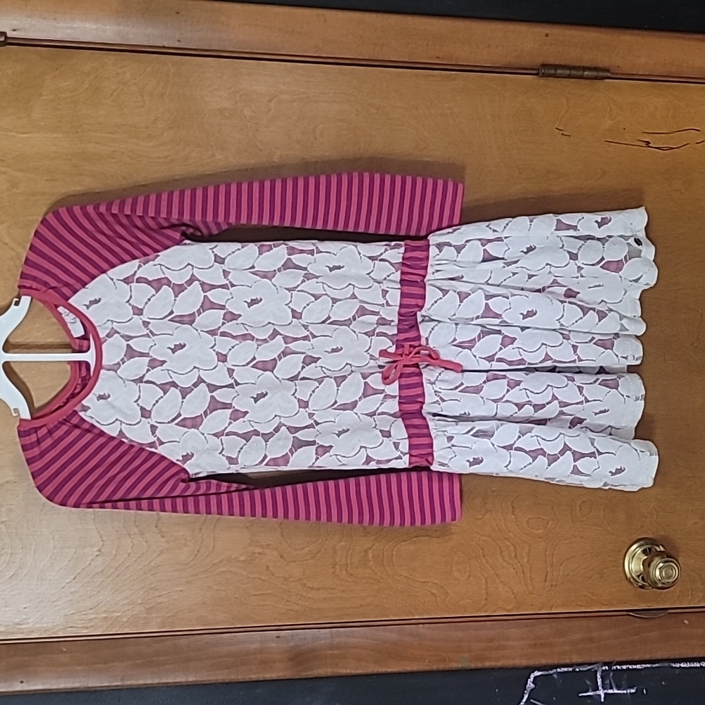435 by Matilda Jane tunic dress pink and fuschia stripe with cream lace overlay